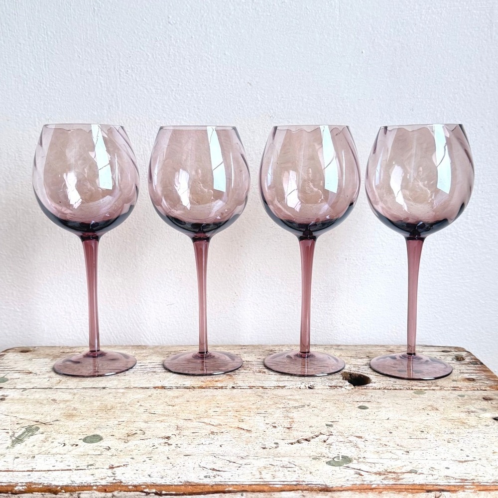 Vintage Amethyst Purple Optic Swirl Wine Glasses Set of 4 Balloon Goblets CSGE